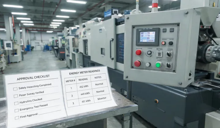 Commissioning checklist beside an injection molding machine control cabinet