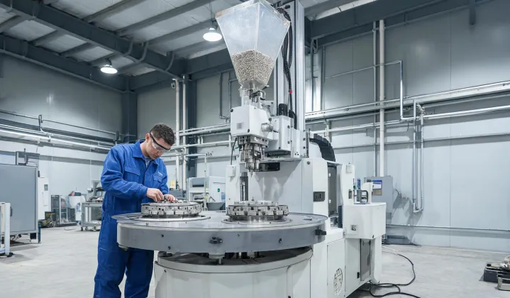 Vertical injection molding machine with rotary table and insert loading area